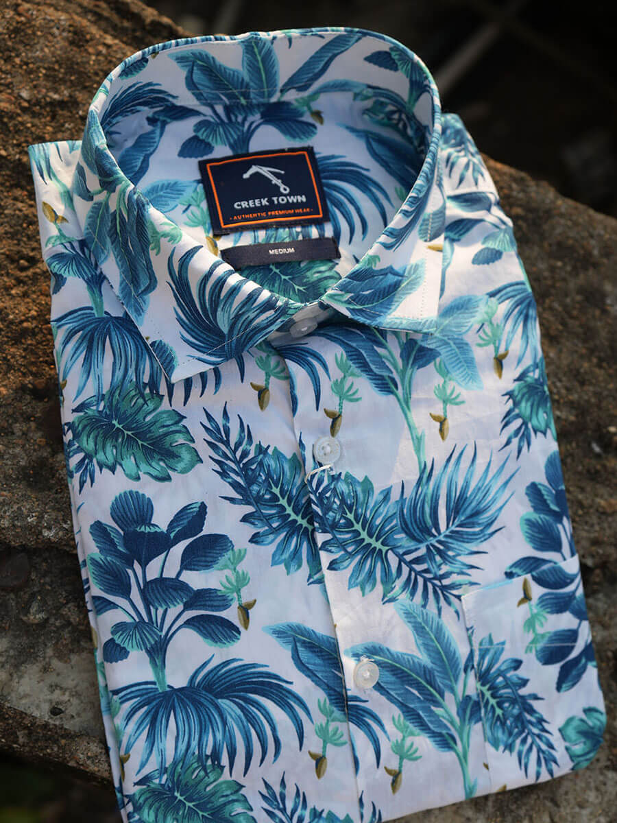 White Base Blue Tropical Print