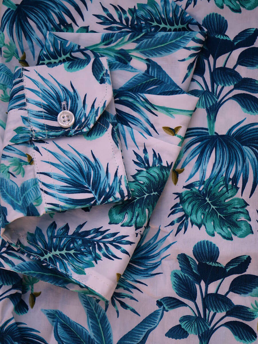 White Base Blue Tropical Print