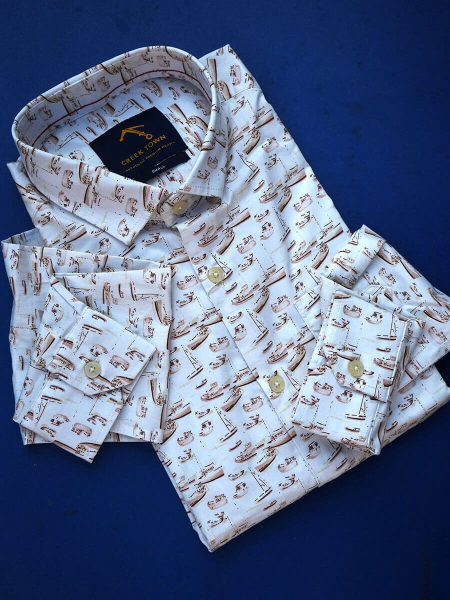 Half White Based Beige Boat Print