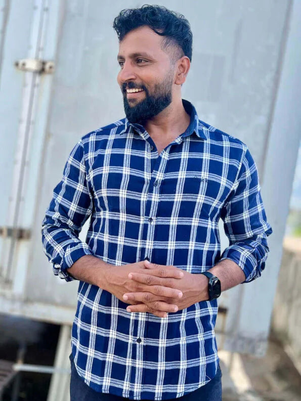 Navy Blue and White Brushed Checks