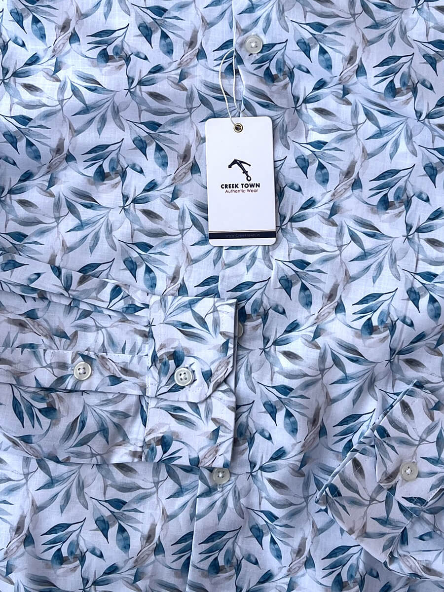 White base sky blue small leaves digital print