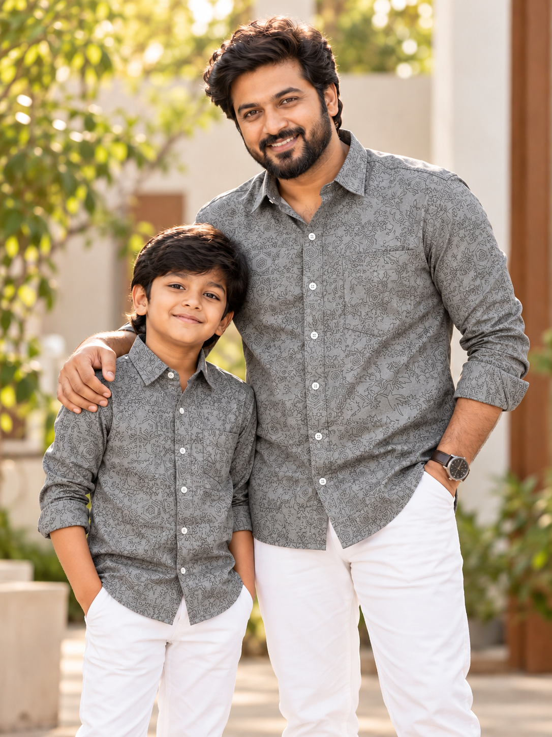 Silver Grey Leaf Line Art Print Shirt Dad & Son Combo