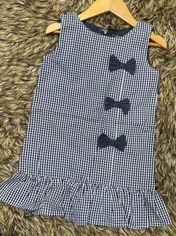 Navy Blue Small Checked 3 Bow Frock