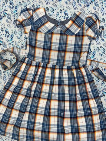 Beige Blue Checked Peter Pan Collar Frock