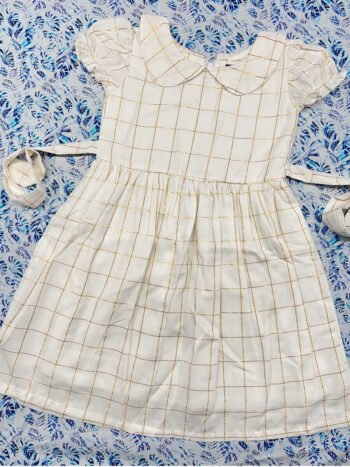 Milky White Checked Peter Pan Collar Frock