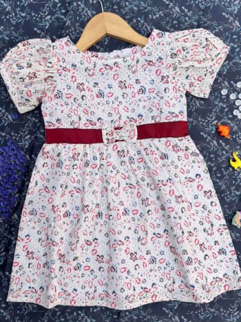 Marron&Navyblue leaf printed Puff Sleeve Frock