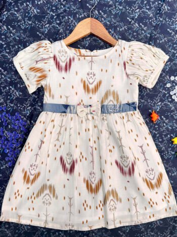 Yellow & Brown Shades Printed Puff Sleeve Frock