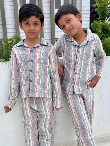 Gray Stripes Printed - Unisex Night Suit