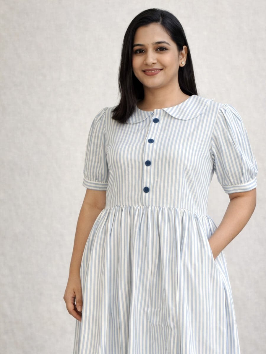 Oxford Blue Stripe Family Combo Woman Kurthi