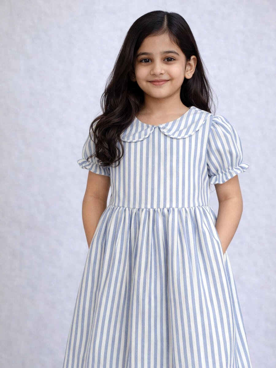 Oxford Blue Stripe Family Combo Girl Frock