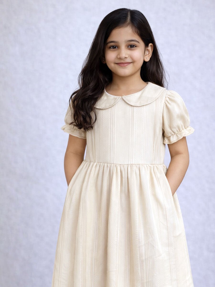 Half White Self Dobby Design Family Combo Girl Frock