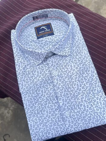 White base blue paisley motif