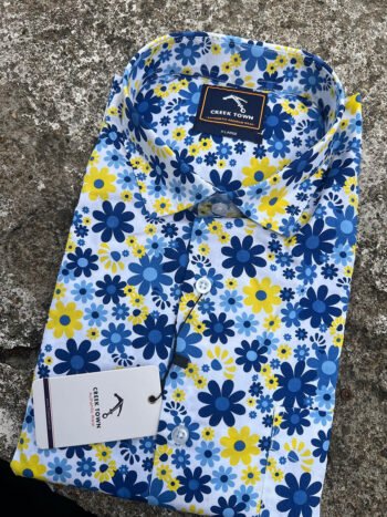 White with blue and yellow florals